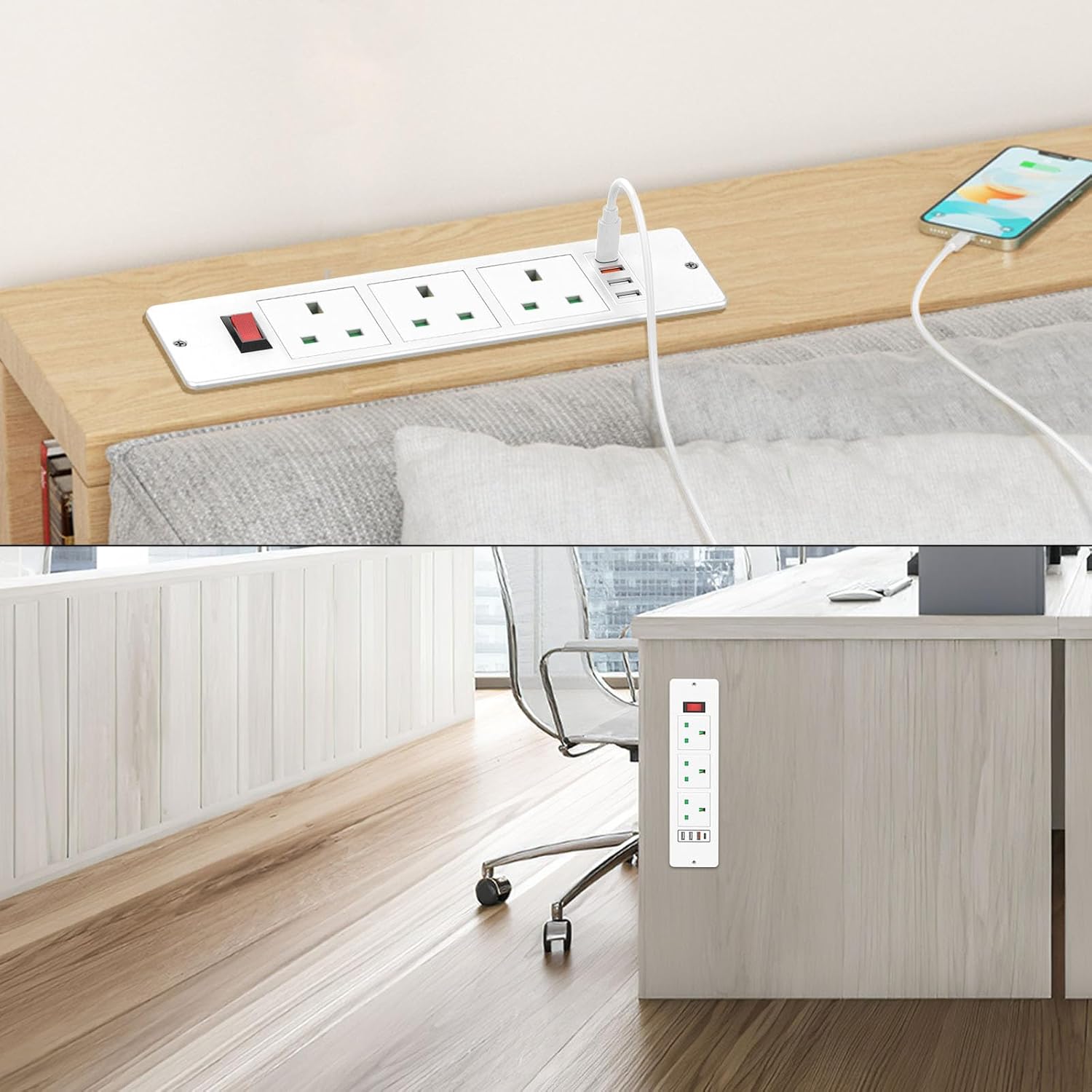 Recessed Power Strip with USB C PD20W, Desk Power Socket Extension Lead with Switch, Power Strip with 3 Outlets 3 USB for Furniture Kitchen Worktops, 2M Cable, White