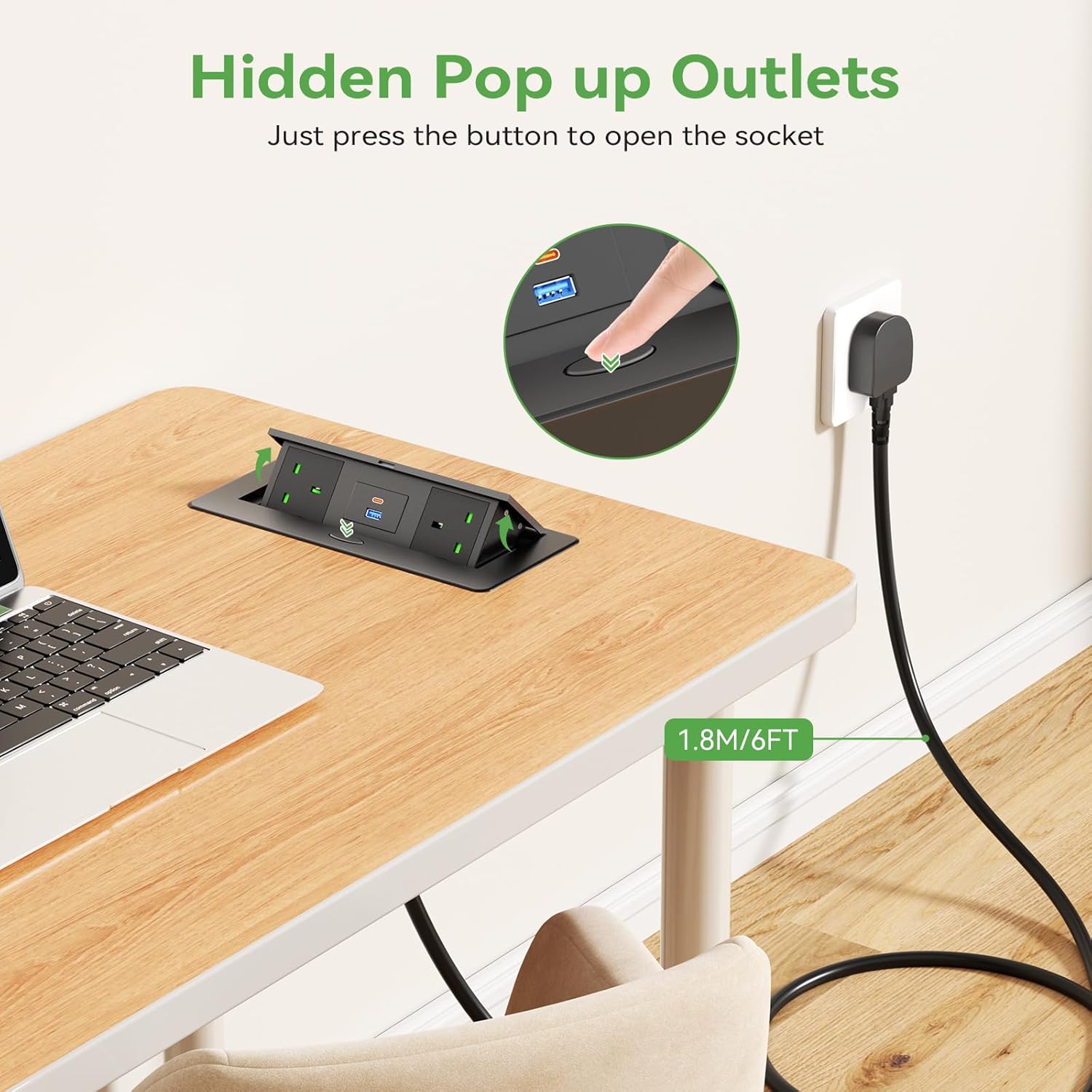 Desktop Power Socket with USB C PD20W, Aluminum Recessed Power Strip 2 UK Plug, Hidden Pop Up Sockets for Kitchen Worktops Conference Desk, Desk Power Outlet with USB C PD20W, 1.8M Cable, HANNELORE