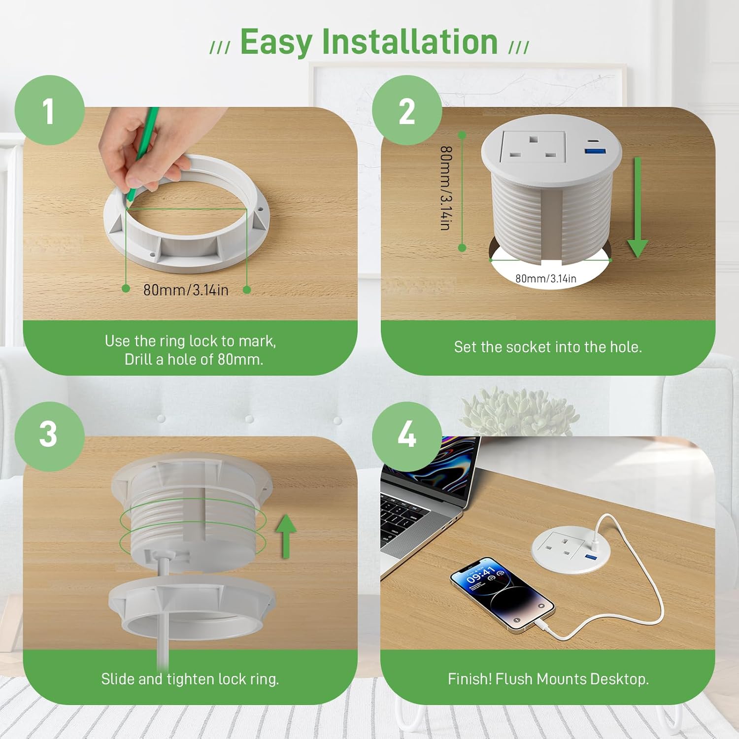 Power Strip USB C PD20W, Desk Socket With USB, Power Grommet 80MM, Recessed Socket Extension Lead 2M Cord, White