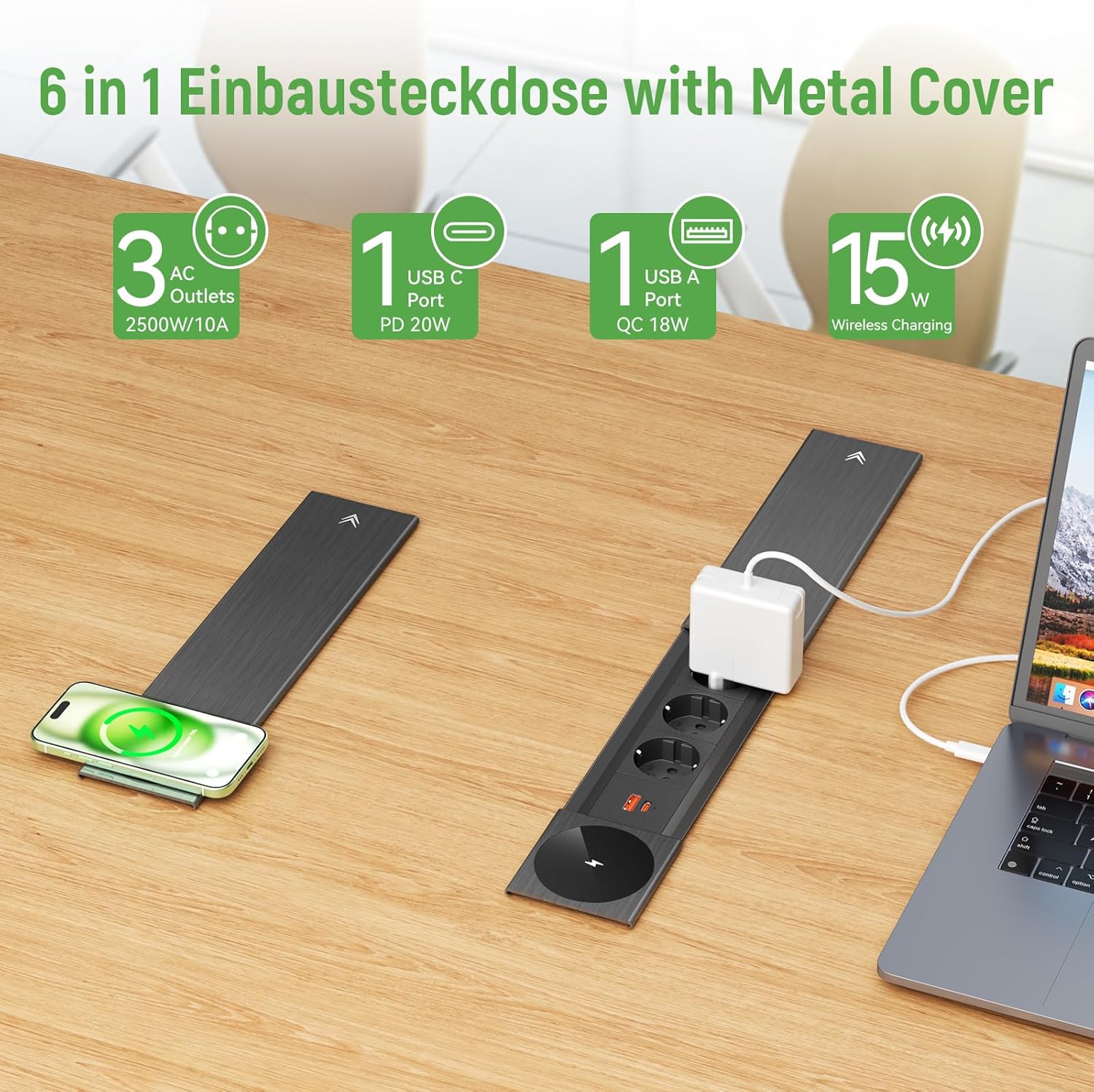 Tischsteckdose 3 Fach mit USB C PD20W, Einbau Steckdosenleiste mit USB und 15W Kabellosem Ladegerät, Metall Deckel, Einbausteckdose Versenkbare Steckdose für Schreibtisch Küche Büro, Schwarz, 2M Kable