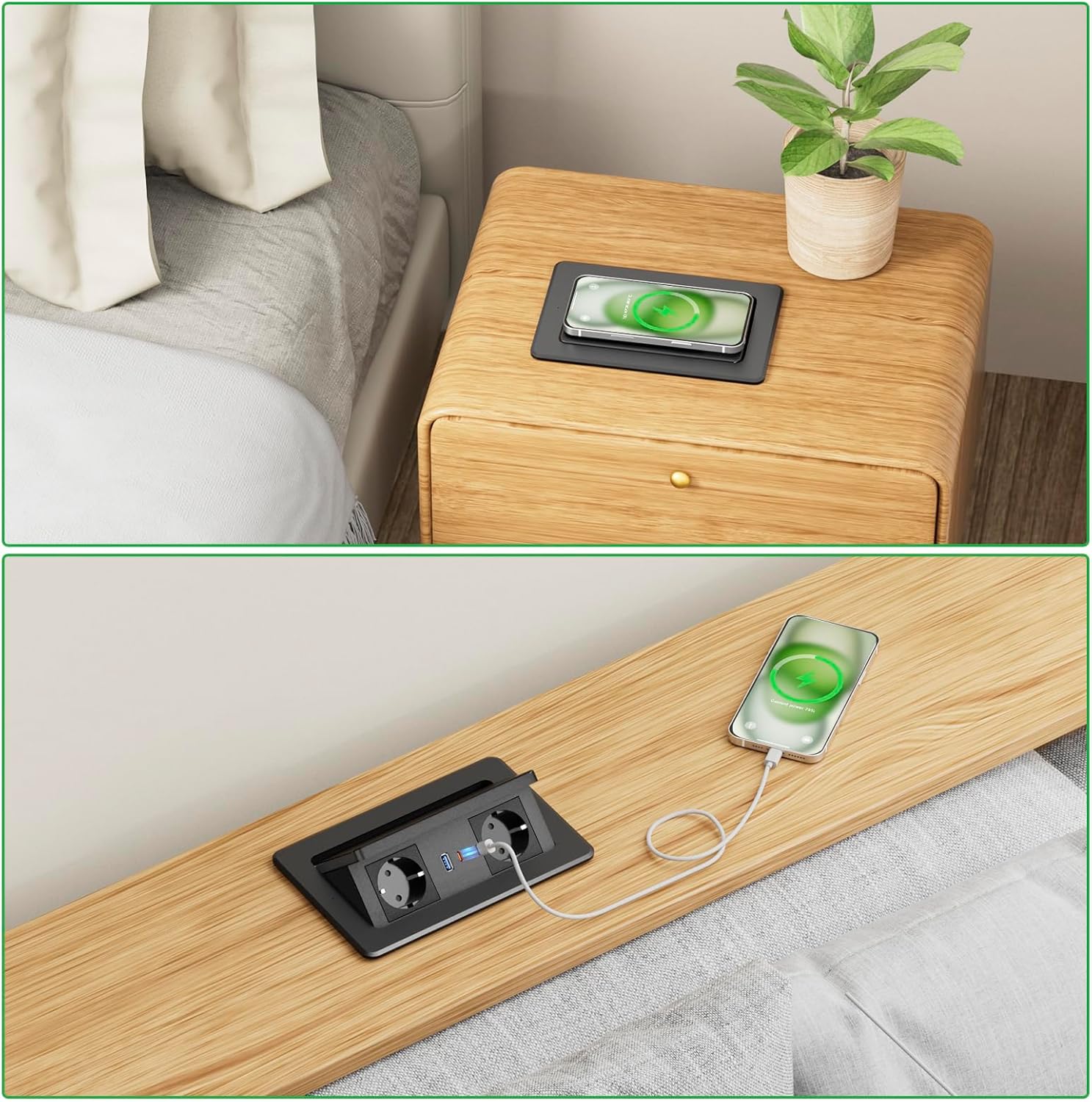 Versenkbare Steckdose mit USB C PD 20W und 15W Kabelloses Ladegerät, Tischsteckdose Versenkbar 2fach, Einbausteckdose Tischplatte Versenkbar für Arbeitsplatte Sofatisch Heim Büro, 1.8M Kable, Schwarz