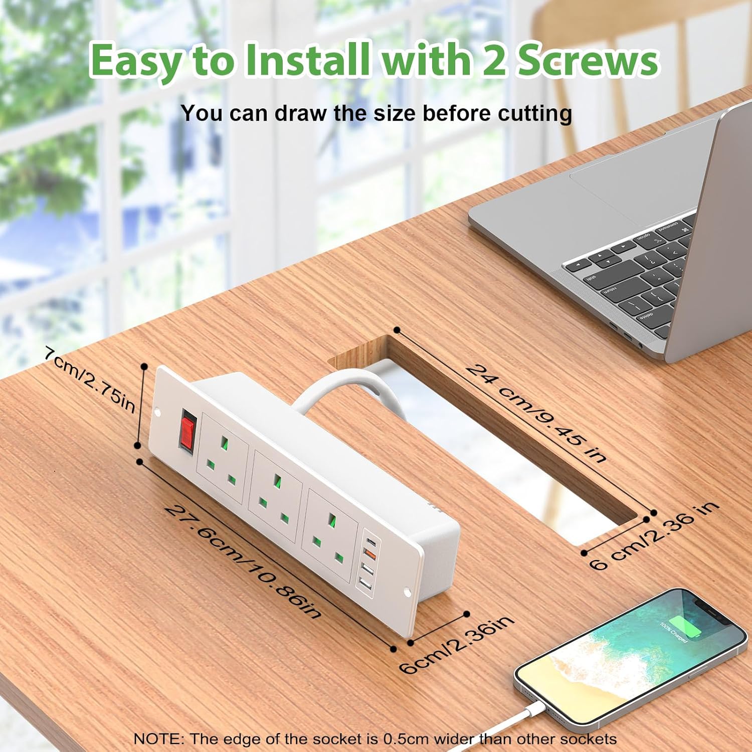 Recessed Power Strip with USB C PD20W, Desk Power Socket Extension Lead with Switch, Power Strip with 3 Outlets 3 USB for Furniture Kitchen Worktops, 2M Cable, White