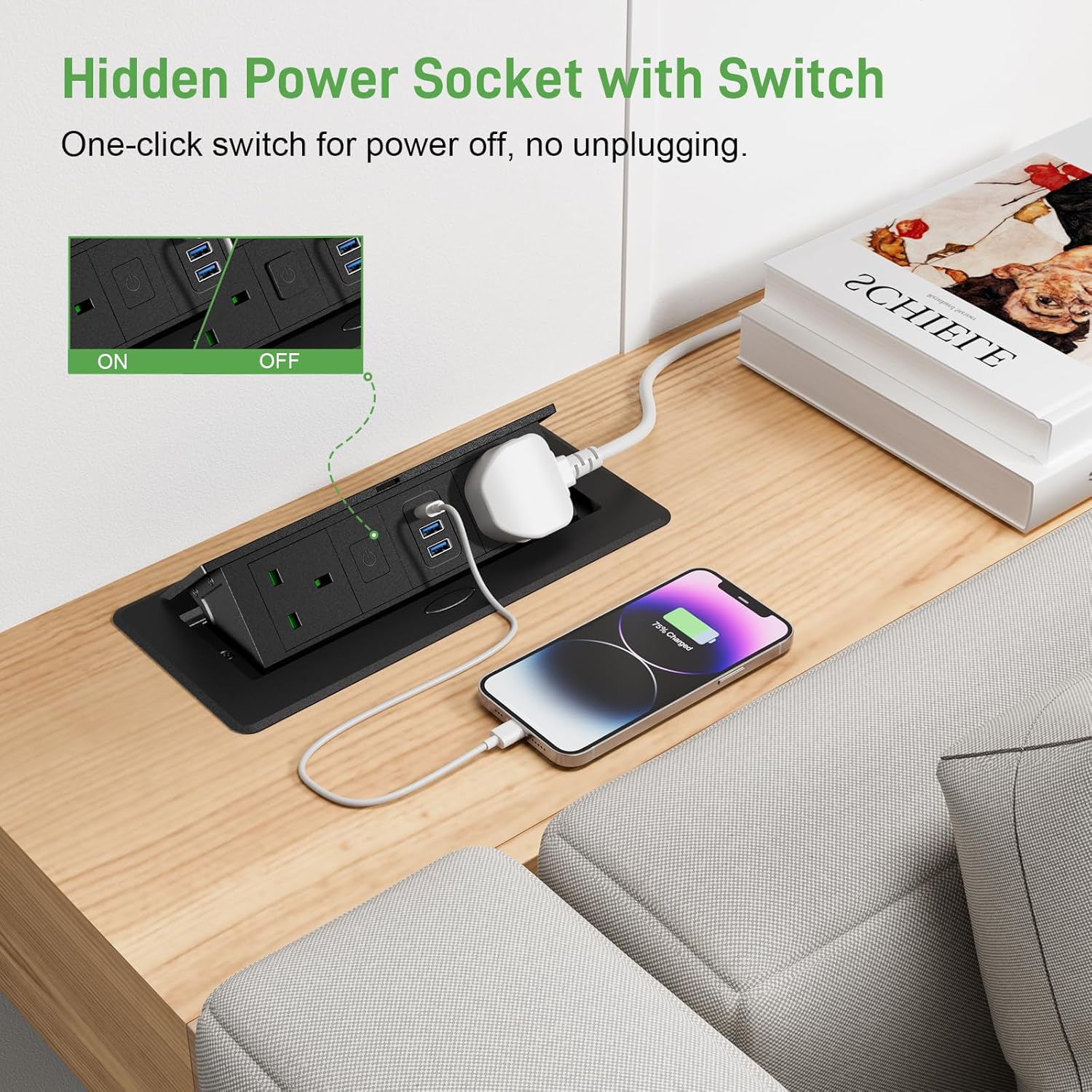 Recessed Power Strip with USB C PD 20W, Pop Up Sockets with Switch for Kitchen Worktops, Desk Power Socket 2 UK Plug and 2 USB A, Metal Shell, 1.8M Cable, Black