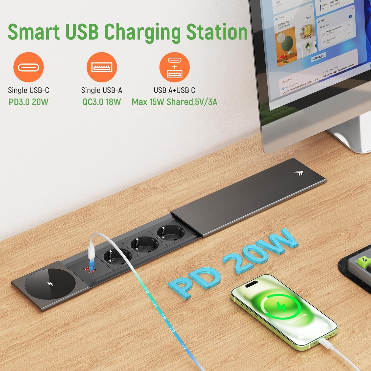 Tischsteckdose 3 Fach mit USB C PD20W, Einbau Steckdosenleiste mit USB und 15W Kabellosem Ladegerät, Metall Deckel, Einbausteckdose Versenkbare Steckdose für Schreibtisch Küche Büro, Schwarz, 2M Kable