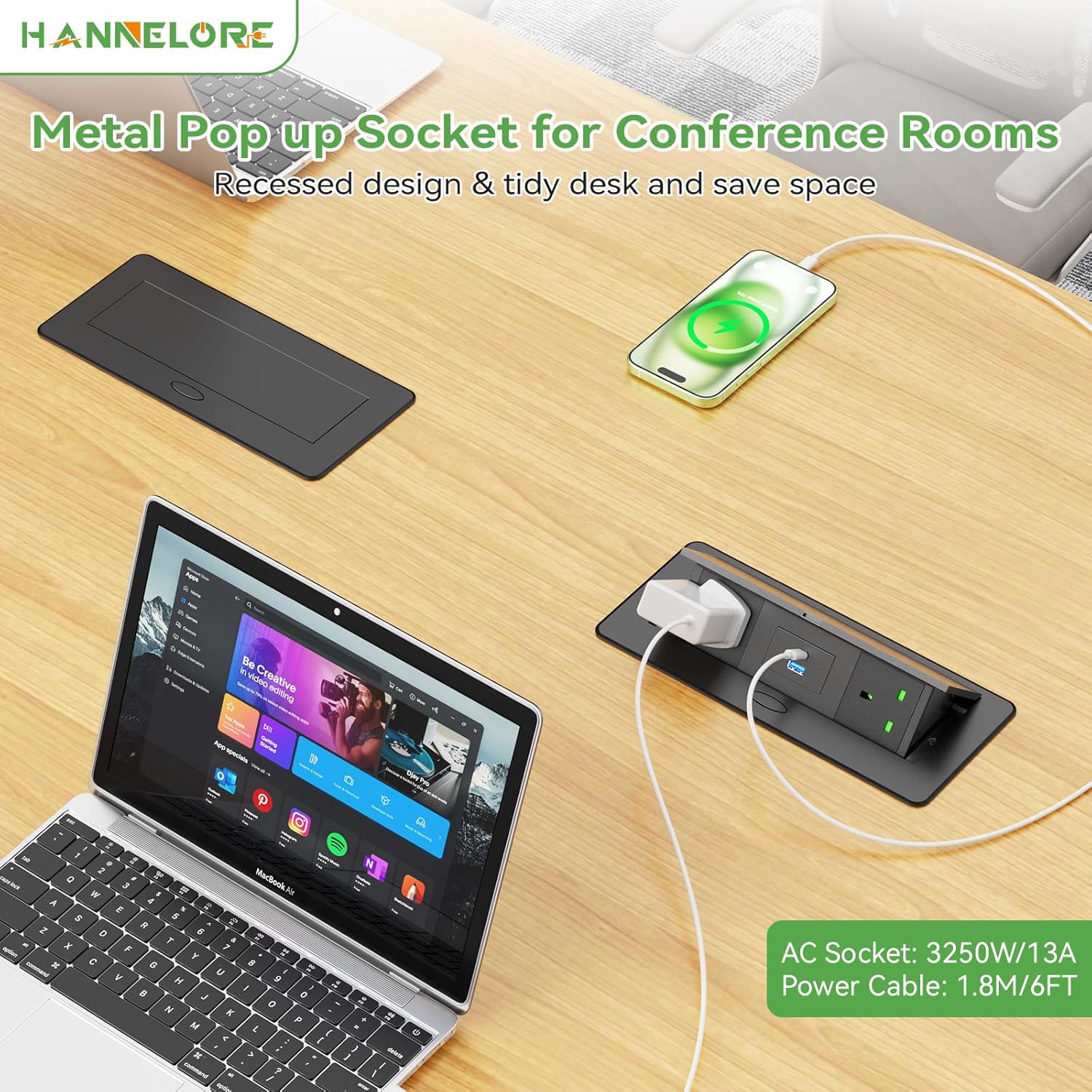Desktop Power Socket with USB C PD20W, Aluminum Recessed Power Strip 2 UK Plug, Hidden Pop Up Sockets for Kitchen Worktops Conference Desk, Desk Power Outlet with USB C PD20W, 1.8M Cable, HANNELORE
