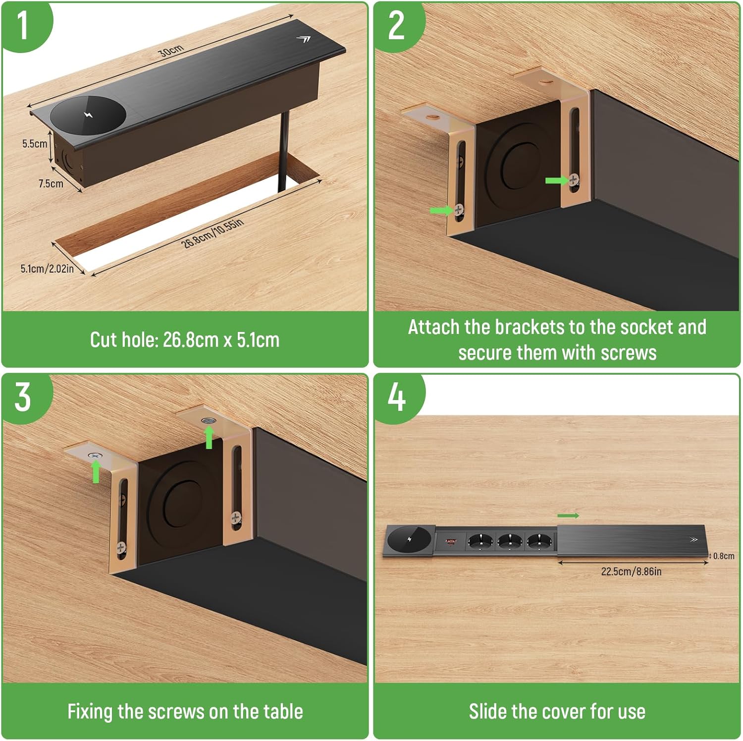 Tischsteckdose 3 Fach mit USB C PD20W, Einbau Steckdosenleiste mit USB und 15W Kabellosem Ladegerät, Metall Deckel, Einbausteckdose Versenkbare Steckdose für Schreibtisch Küche Büro, Schwarz, 2M Kable