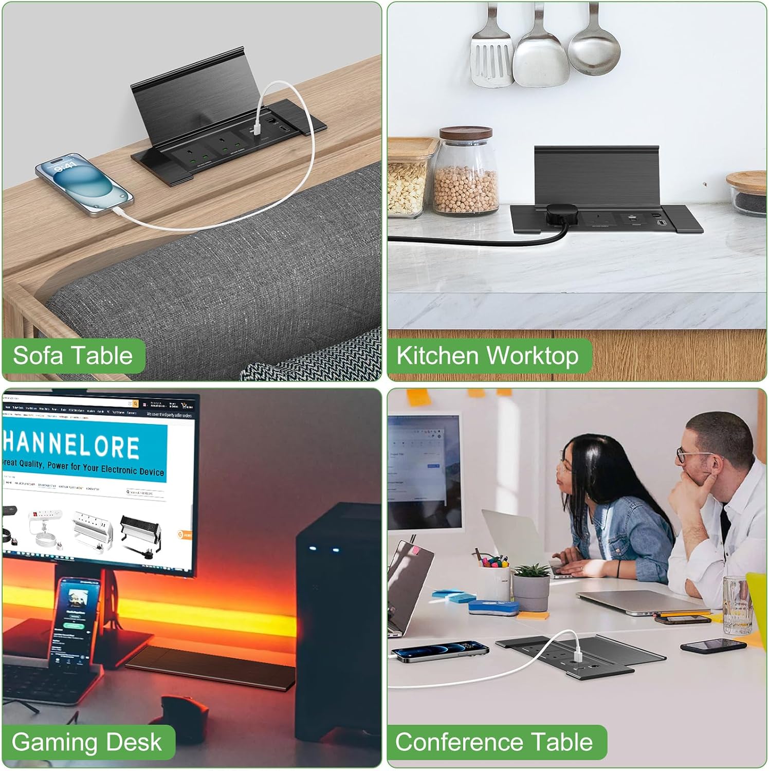 Desk Power Strip with USB C PD20W, Aluminum Recessed Power Socket with Cover, HDMI, RJ45 Port, Desk Extension Lead with USB, 2M Cable, Black