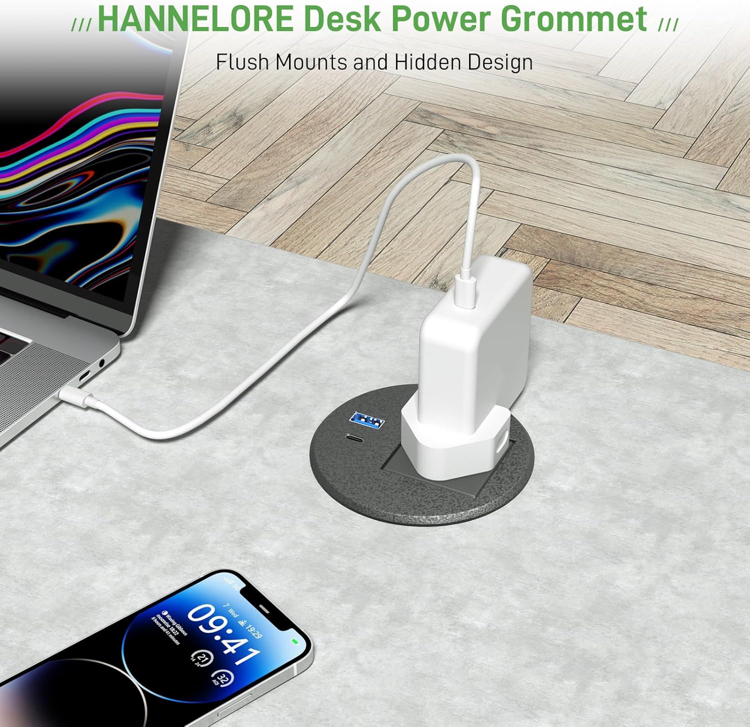 Desk Power Strip USB C PD20W, Desk Grommet Power Socket 80MM, Recessed Power Socket with USB, Desk Extension Lead 2M Extension Cord, Black