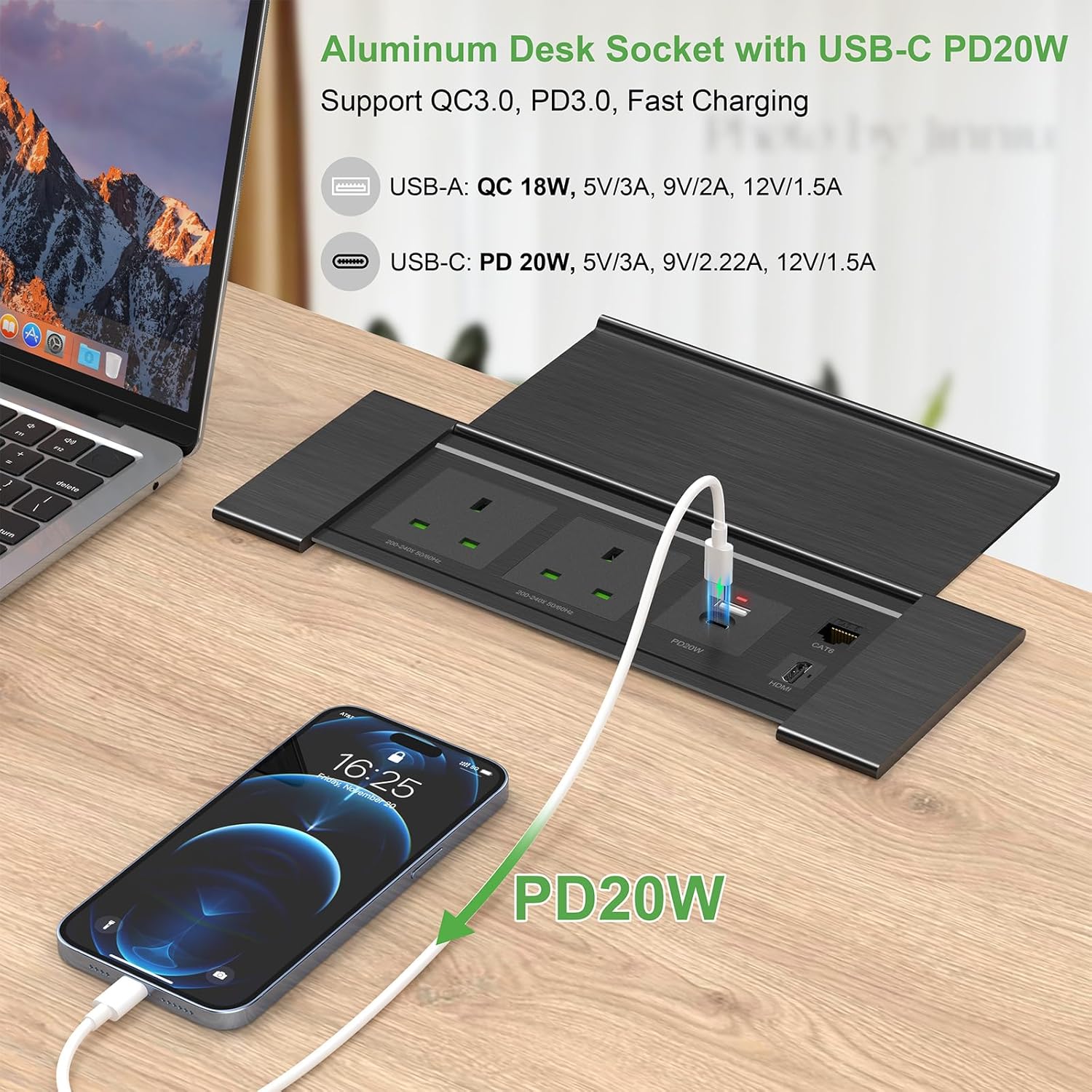 Desk Power Strip with USB C PD20W, Aluminum Recessed Power Socket with Cover, HDMI, RJ45 Port, Desk Extension Lead with USB, 2M Cable, Black