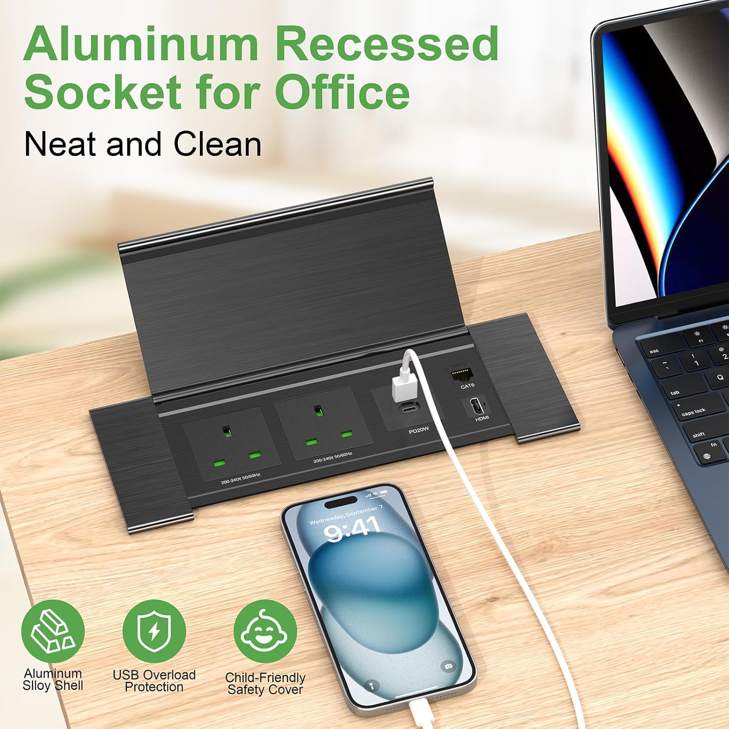 Desk Power Strip with USB C PD20W, Aluminum Recessed Power Socket with Cover, HDMI, RJ45 Port, Desk Extension Lead with USB, 2M Cable, Black