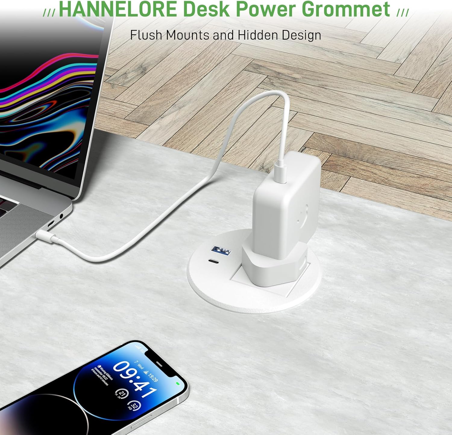 Power Strip USB C PD20W, Desk Socket With USB, Power Grommet 80MM, Recessed Socket Extension Lead 2M Cord, White