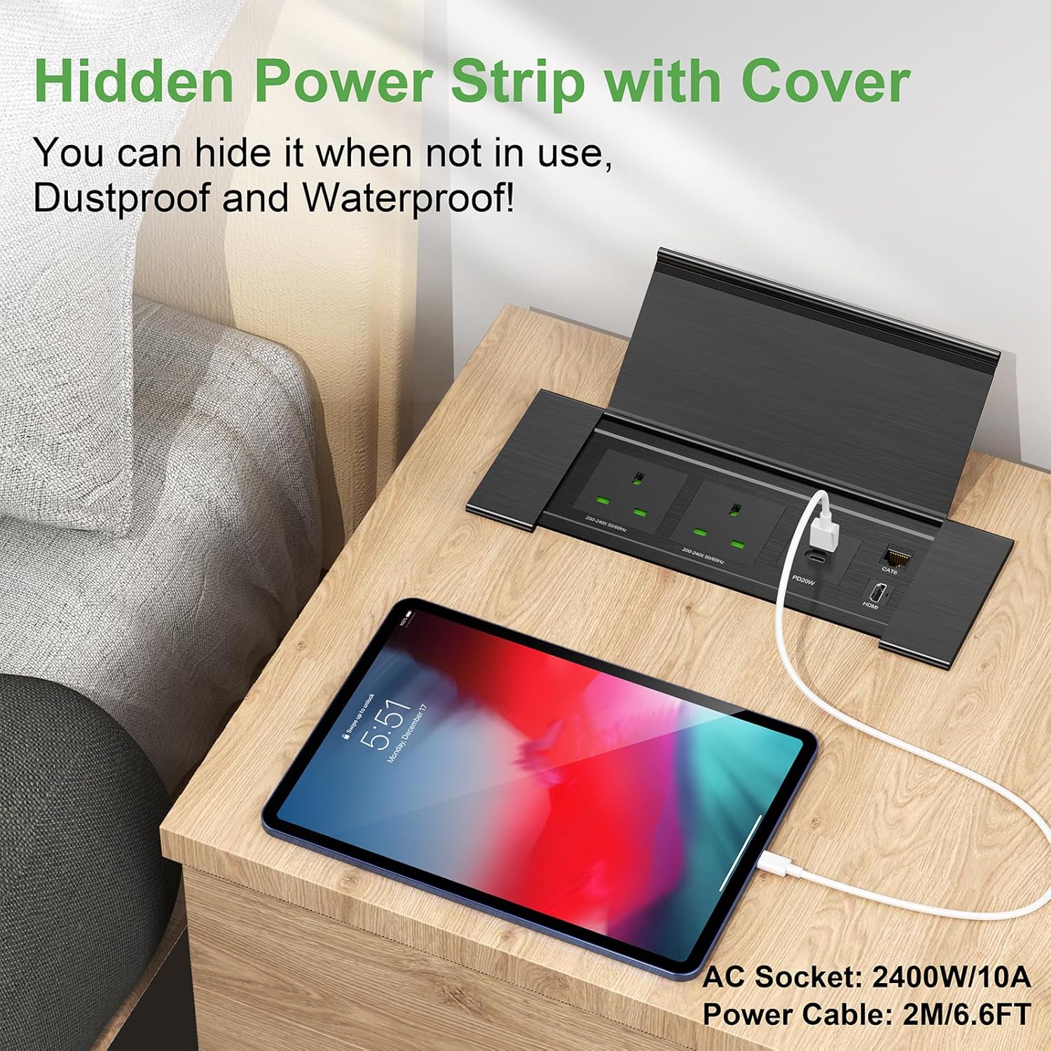 Desk Power Strip with USB C PD20W, Aluminum Recessed Power Socket with Cover, HDMI, RJ45 Port, Desk Extension Lead with USB, 2M Cable, Black