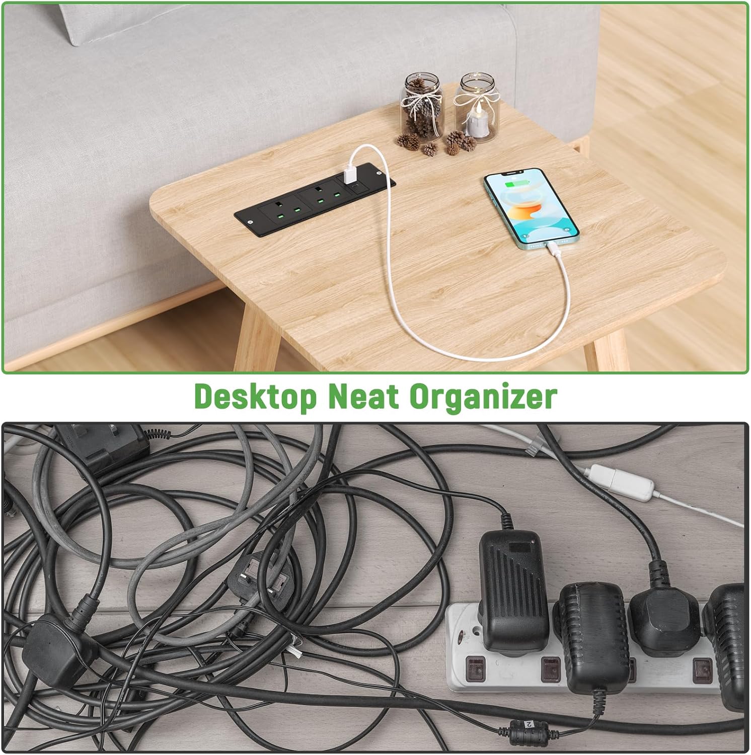 Recessed Power Strip with USB C PD20W, Desk Power Socket with USB, Power Extension Lead 2 Outlets 2 Screws, Hidden in Furniture Desk Table, 2M/6.6FT Cable, Black