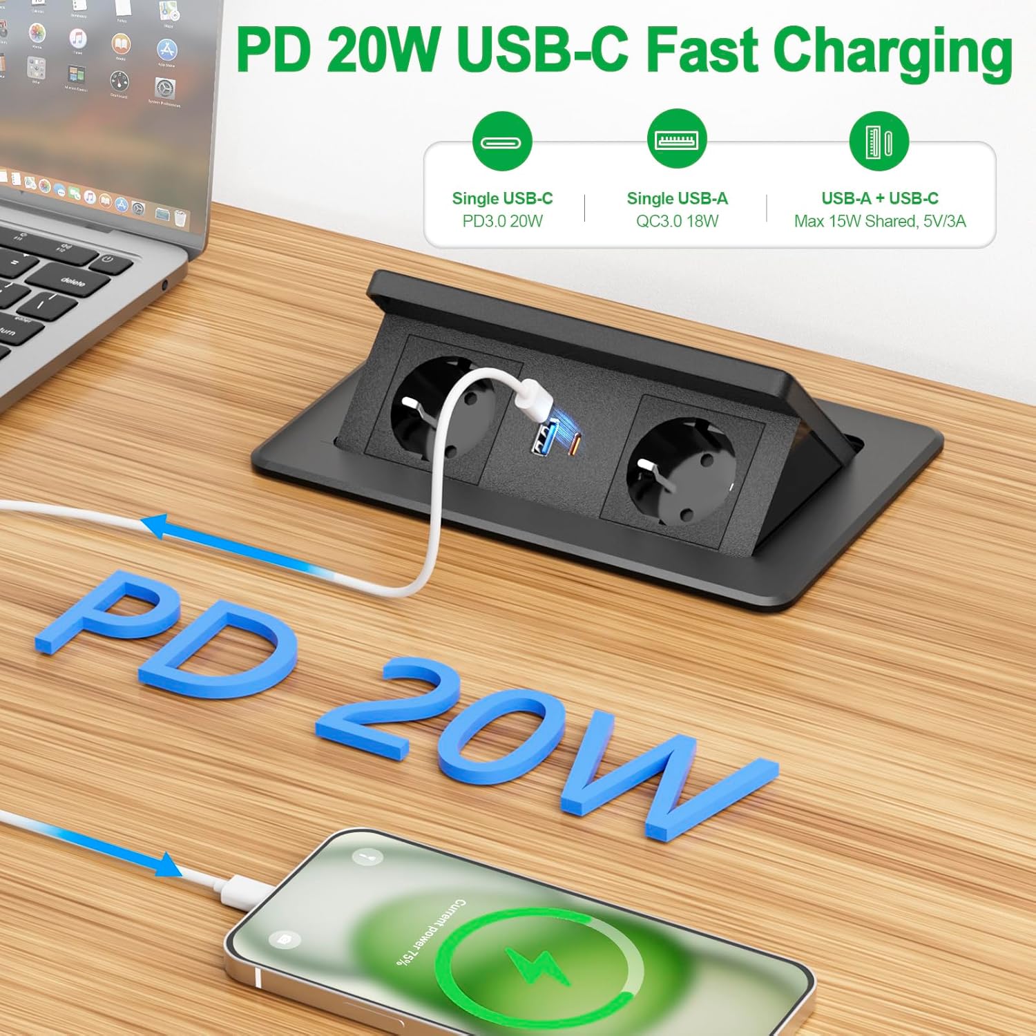 Versenkbare Steckdose mit USB C PD 20W und 15W Kabelloses Ladegerät, Tischsteckdose Versenkbar 2fach, Einbausteckdose Tischplatte Versenkbar für Arbeitsplatte Sofatisch Heim Büro, 1.8M Kable, Schwarz