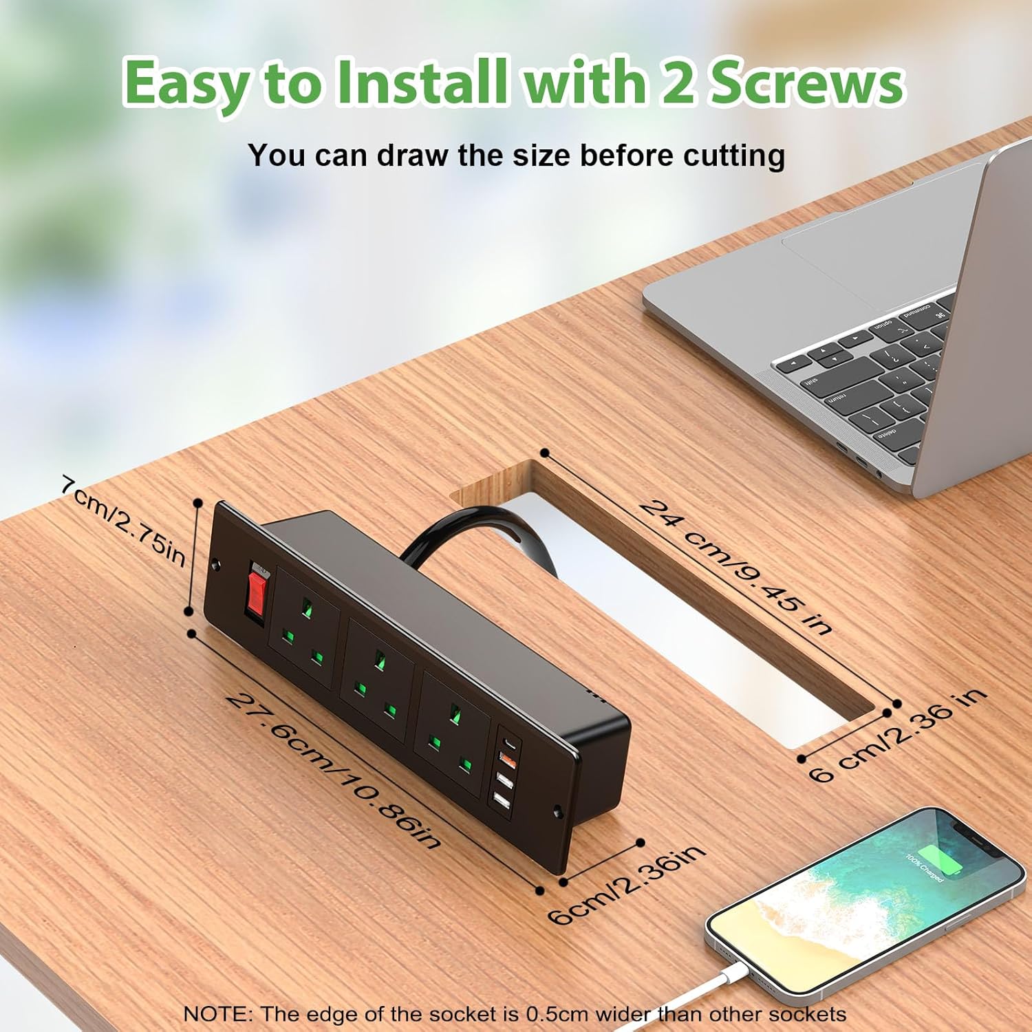 Desk Power Socket with USB C PD20W, Recessed Power Strip 3 Outlets and 3 USB, Desk Power Extension Lead with Switch for Furniture Kitchen Worktops, 2M Cable, Black, HANNELORE