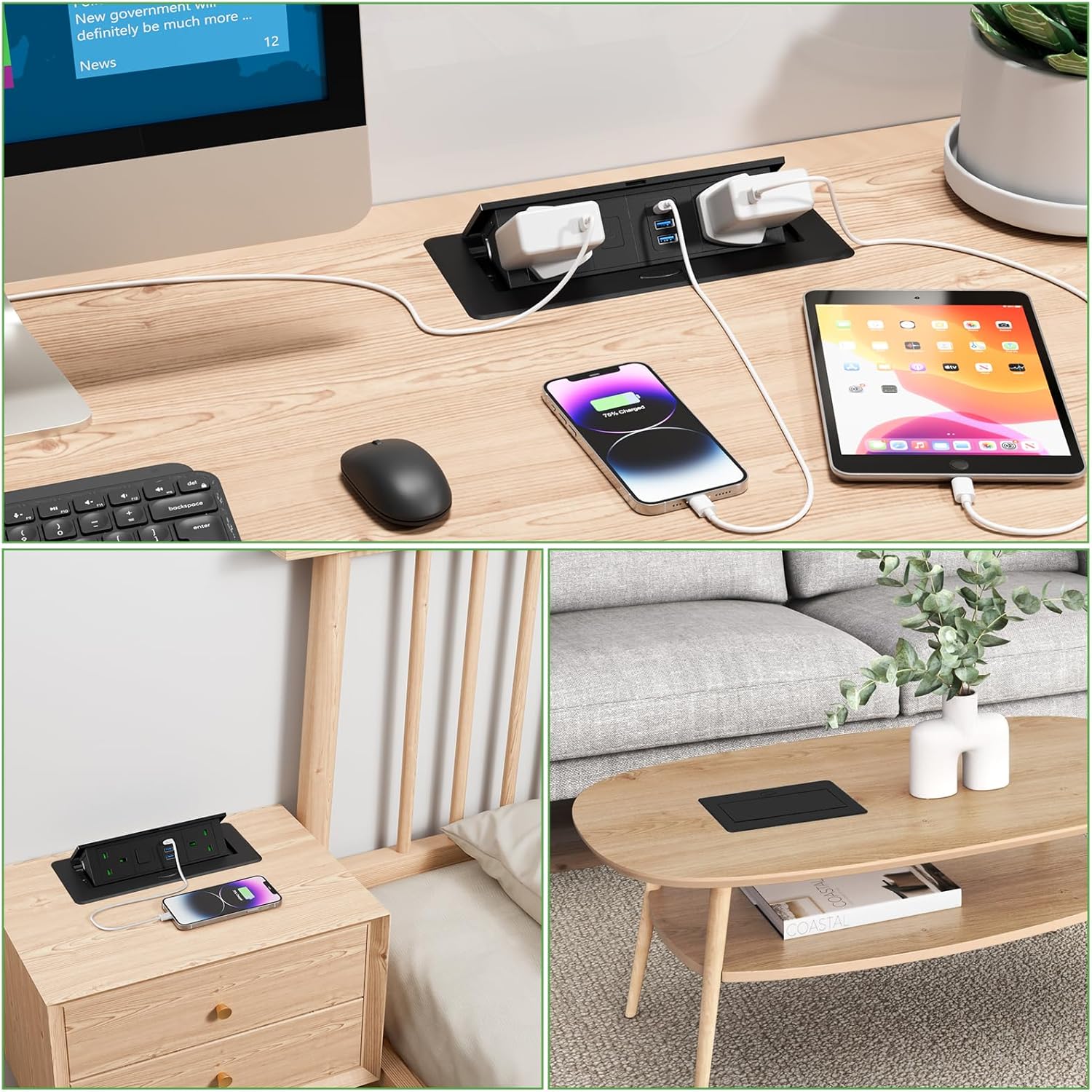 Recessed Power Strip with USB C PD 20W, Pop Up Sockets with Switch for Kitchen Worktops, Desk Power Socket 2 UK Plug and 2 USB A, Metal Shell, 1.8M Cable, Black