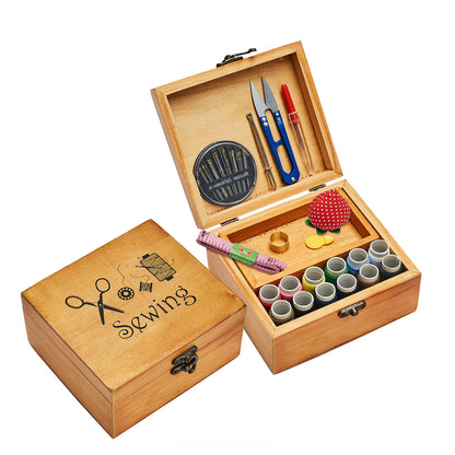 Mini Sewing Kit Basket, Wooden Sewing Box with Accessories, Small Sewing Kit for Adults Home Repair Tool Sewing Starter Kit