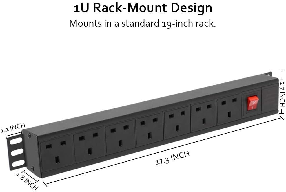 Extension Lead Power Strip, THOWALL 7 Way Extension Plug Sockets with Cable, Wall Mountable Power Socket, 13amp Power Distribution Unit Rack Mount with Mounting Brackets, Surge Protection,1,8M