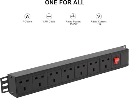 Extension Lead Power Strip, THOWALL 7 Way Extension Plug Sockets with Cable, Wall Mountable Power Socket, 13amp Power Distribution Unit Rack Mount with Mounting Brackets, Surge Protection,1,8M