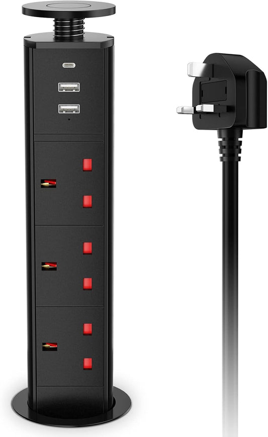 HANNELORE Pull Up Plug Sockets with USB C PD20W, Pop Up Sockets Extension 3 Outlets and 2 USB, Recessed Hidden Power Socket For Kitchen Worktops Desktop Home and Office, 13A/3250W, 1.8M Cable, Black
