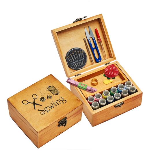 Mini Sewing Kit Basket, Wooden Sewing Box with Accessories, Small Sewing Kit for Adults Home Repair Tool Sewing Starter Kit