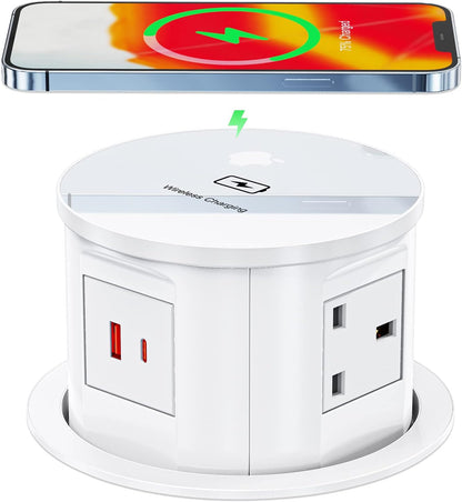 Pop Up Sockets for Kitchen Worktops with Wireless Charging, Pop Up Plug Socket with USB C, Recessed Desk Power Outlet 4 UK Plug, 2 USB, Worktops Socket for Office and Home, White