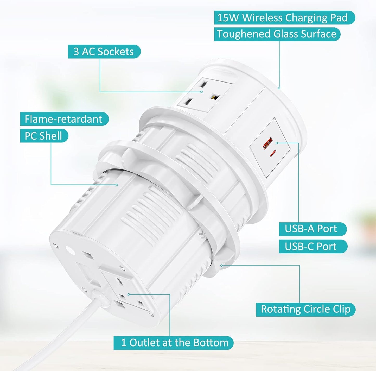 Pop Up Sockets for Kitchen Worktops with Wireless Charging, Pop Up Plug Socket with USB C, Recessed Desk Power Outlet 4 UK Plug, 2 USB, Worktops Socket for Office and Home, White