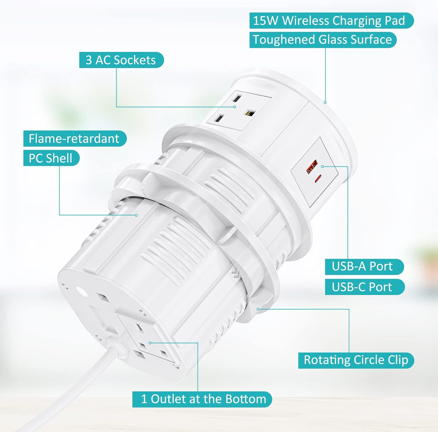 Pop Up Sockets for Kitchen Worktops with Wireless Charging, Pop Up Plug Socket with USB C, Recessed Desk Power Outlet 4 UK Plug, 2 USB, Worktops Socket for Office and Home, White