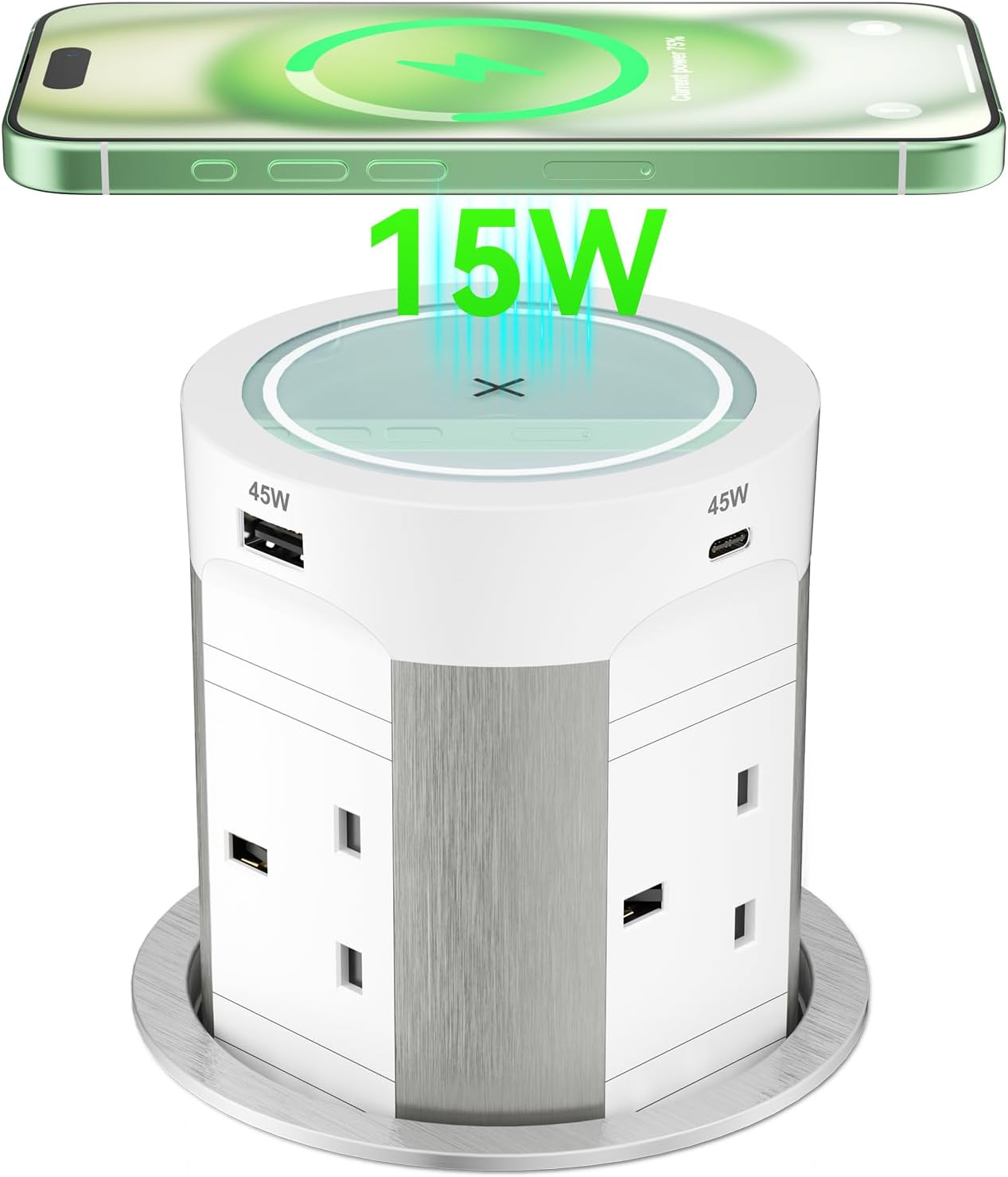 Pop Up Sockets 4 Outlets with PD 75W 2 USB-C and 15W Wireless Charging, Recessed Pop Up Power Socket for Kitchen Worktops, Pop Up Sockets with 4 USB for Conference Room, White
