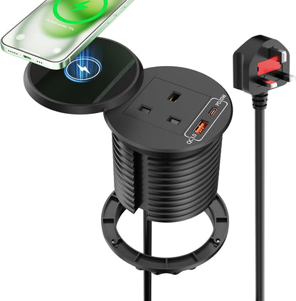 Desk Power Grommet Socket with Wireless Charging, Recessed Power Strip with USB C PD 20W, Desk Power Socket with USB for Office Home Furniture, 1.8M Cable, Black