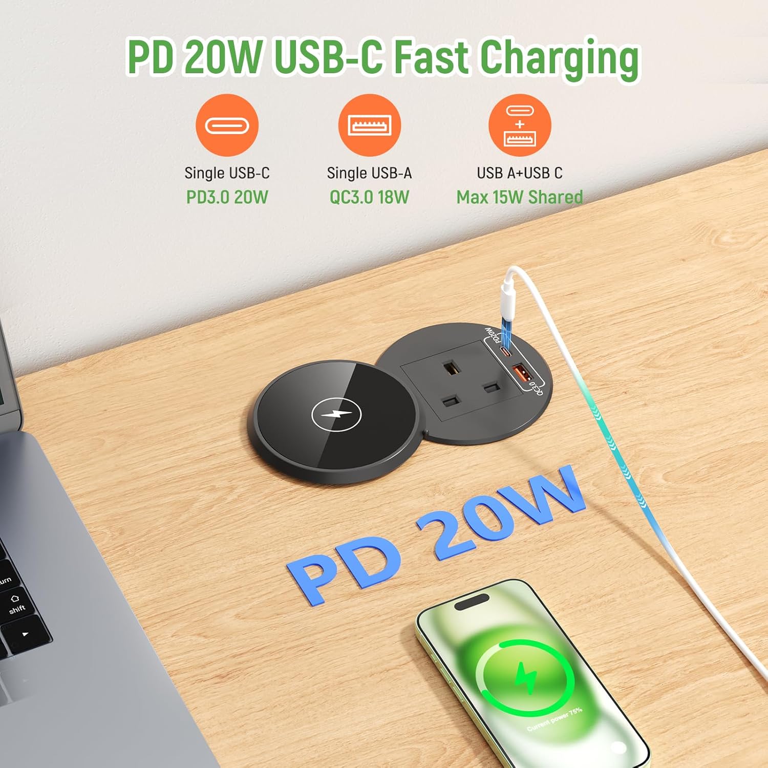 Desk Power Grommet Socket with Wireless Charging, Recessed Power Strip with USB C PD 20W, Desk Power Socket with USB for Office Home Furniture, 1.8M Cable, Black