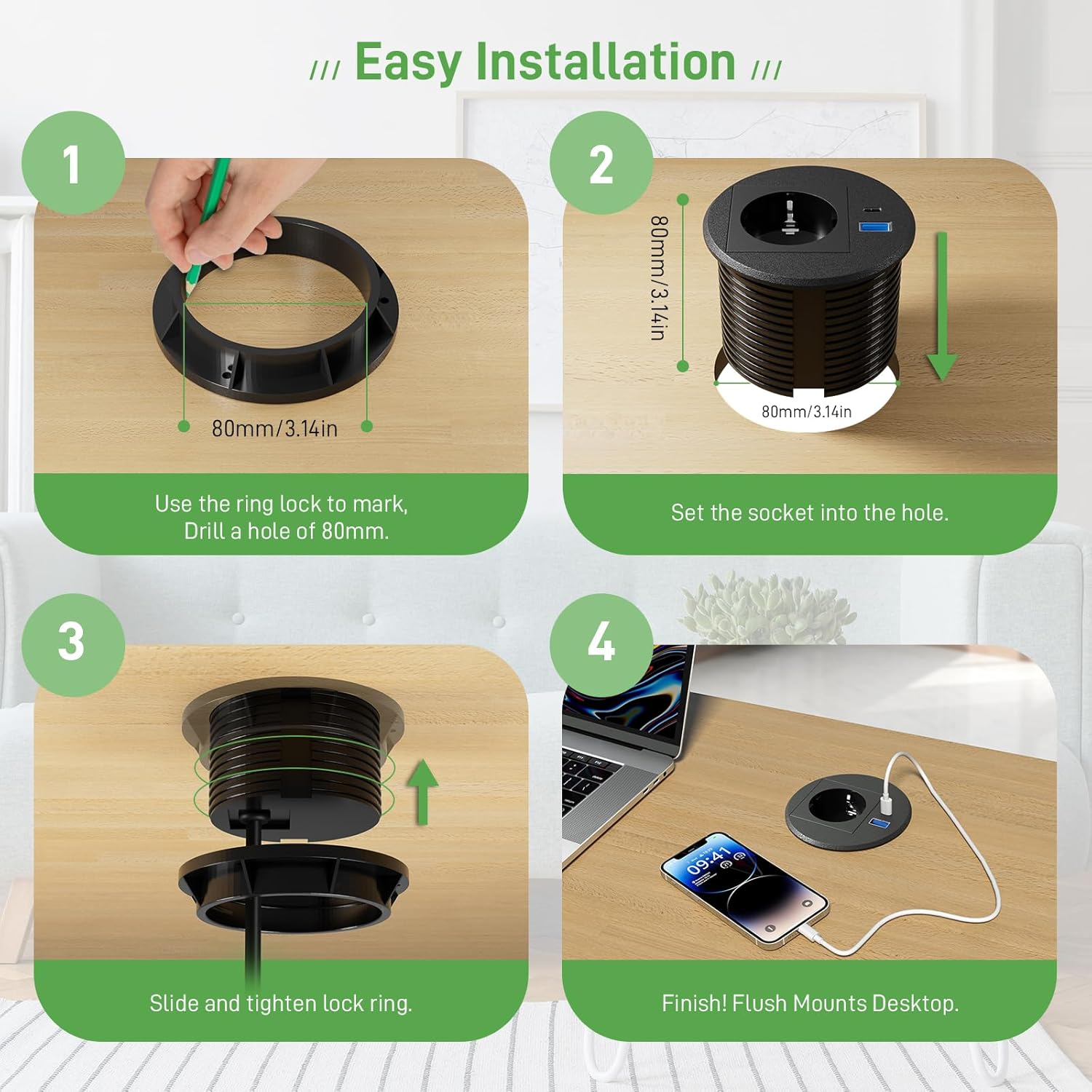 Einbausteckdose mit USB C PD20W, Versenkbare Steckdose mit USB, Einbau Steckdosenleiste für Schreibtisch Arbeitsplatte, 2M Kabel, Schwarz