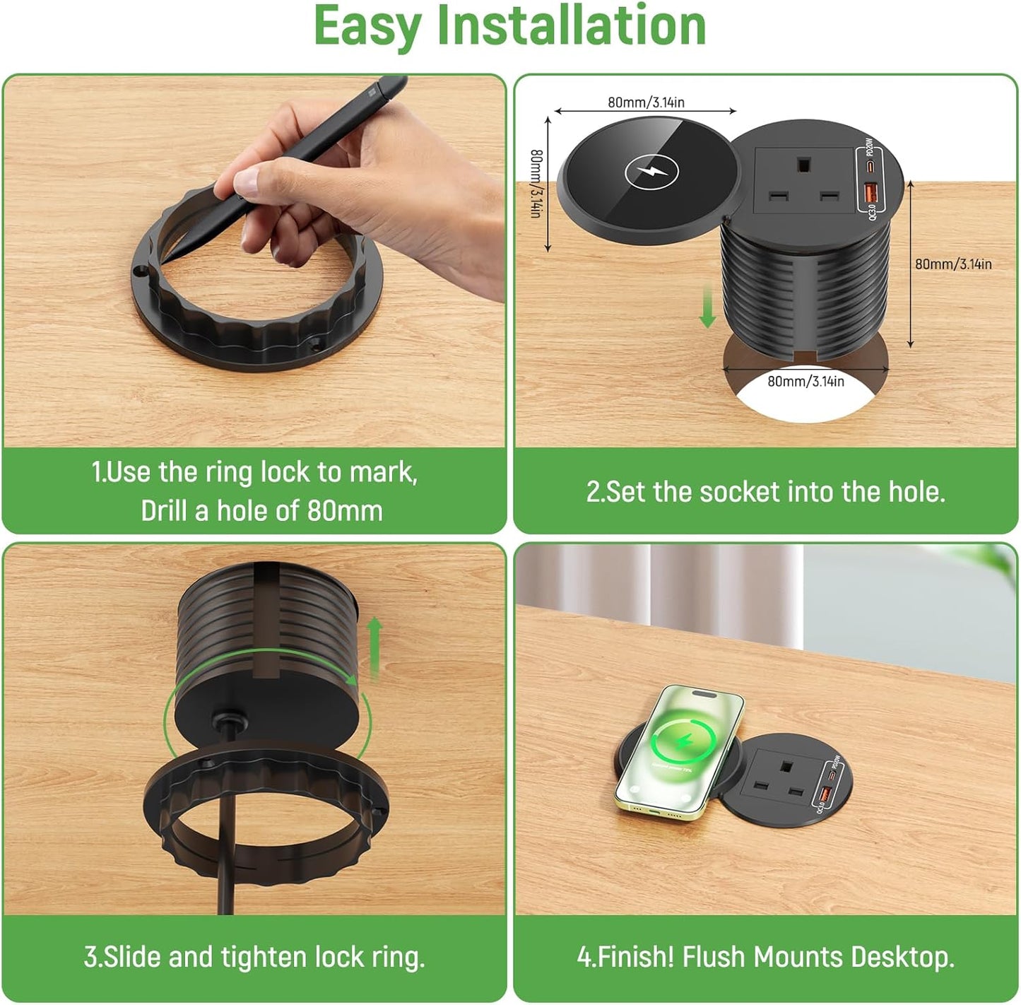 Desk Power Grommet Socket with Wireless Charging, Recessed Power Strip with USB C PD 20W, Desk Power Socket with USB for Office Home Furniture, 1.8M Cable, Black