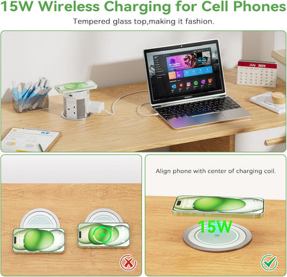 Pop Up Sockets 4 Outlets with PD 75W 2 USB-C and 15W Wireless Charging, Recessed Pop Up Power Socket for Kitchen Worktops, Pop Up Sockets with 4 USB for Conference Room, White