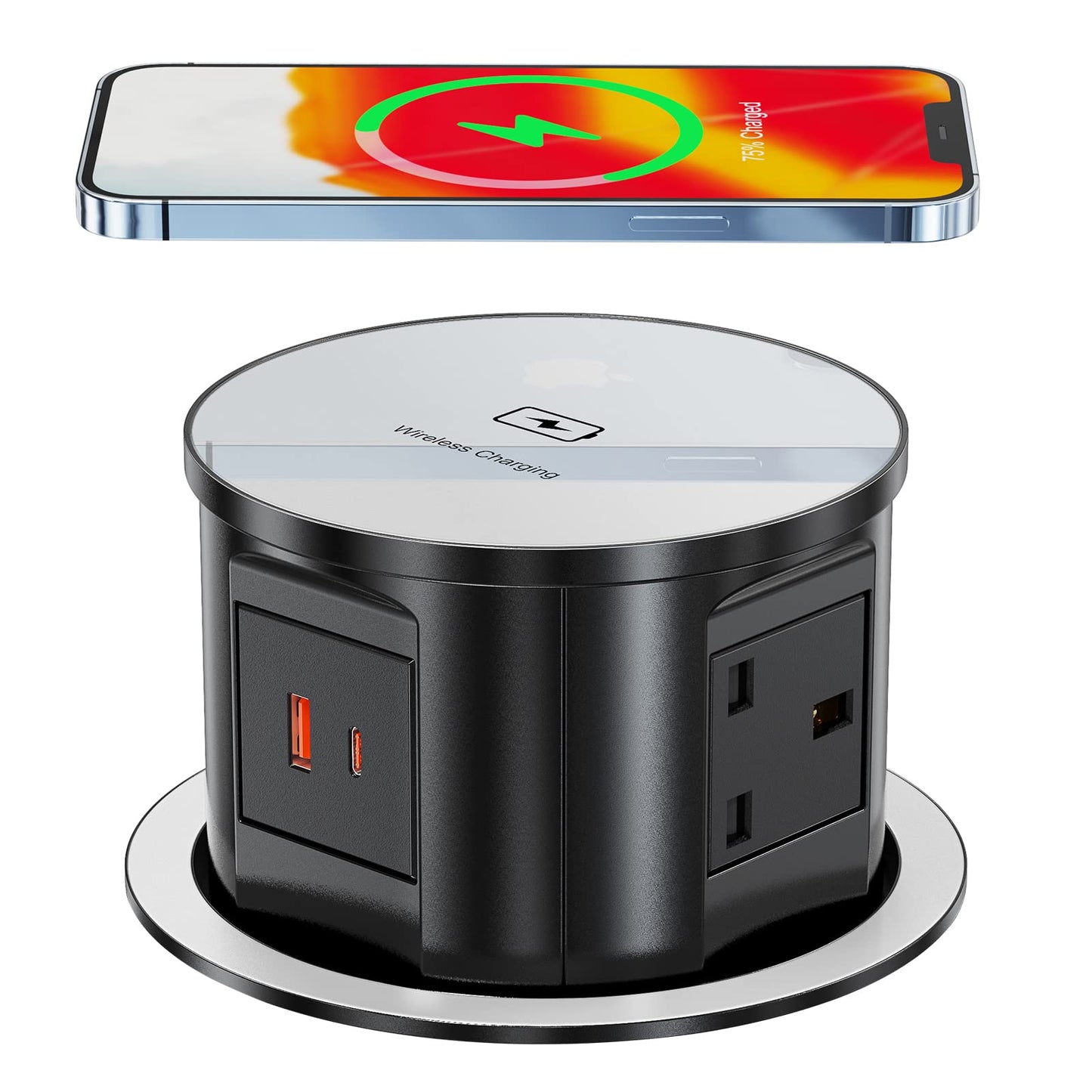 Pop Up Sockets for Kitchen Worktops with Wireless Charging, Pop Up Plug Socket with USB C, Recessed Desk Power Outlet 4 UK Plug, 2 USB, Worktops Socket for Office and Home, White