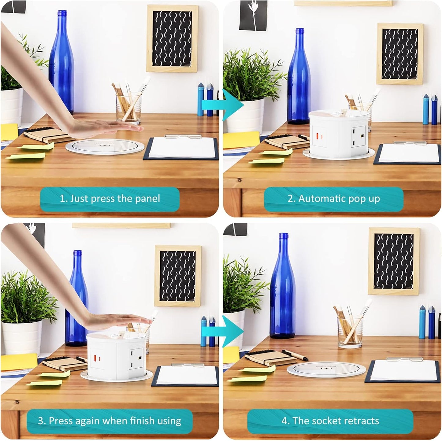 Pop Up Sockets for Kitchen Worktops with Wireless Charging, Pop Up Plug Socket with USB C, Recessed Desk Power Outlet 4 UK Plug, 2 USB, Worktops Socket for Office and Home, White