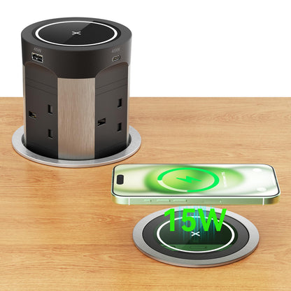 Pop Up Sockets 4 Outlets with PD 75W 2 USB-C and 15W Wireless Charging, Recessed Pop Up Power Socket for Kitchen Worktops, Pop Up Sockets with 4 USB for Conference Room, White
