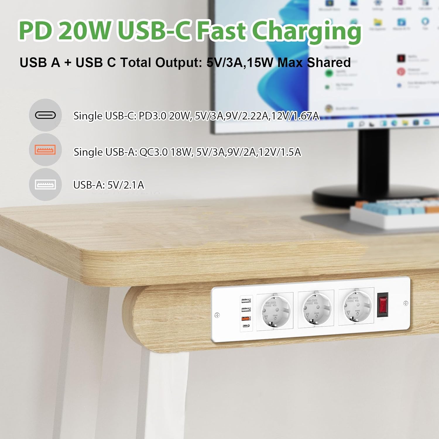 Built-in Socket with USB C PD20W, Table Socket, Multiple Socket, 3 Compartments with 3 USB, Built-in Power Strip with Switch, Recessed Socket for Worktop Furniture, 2 m Cable, White