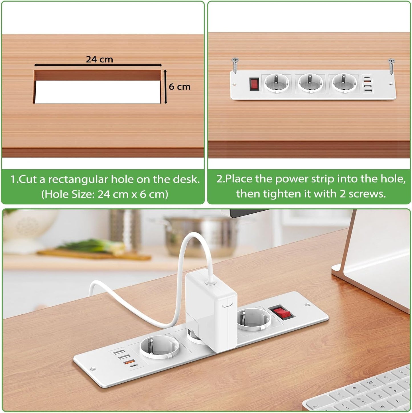 Built-in Socket with USB C PD20W, Table Socket, Multiple Socket, 3 Compartments with 3 USB, Built-in Power Strip with Switch, Recessed Socket for Worktop Furniture, 2 m Cable, White