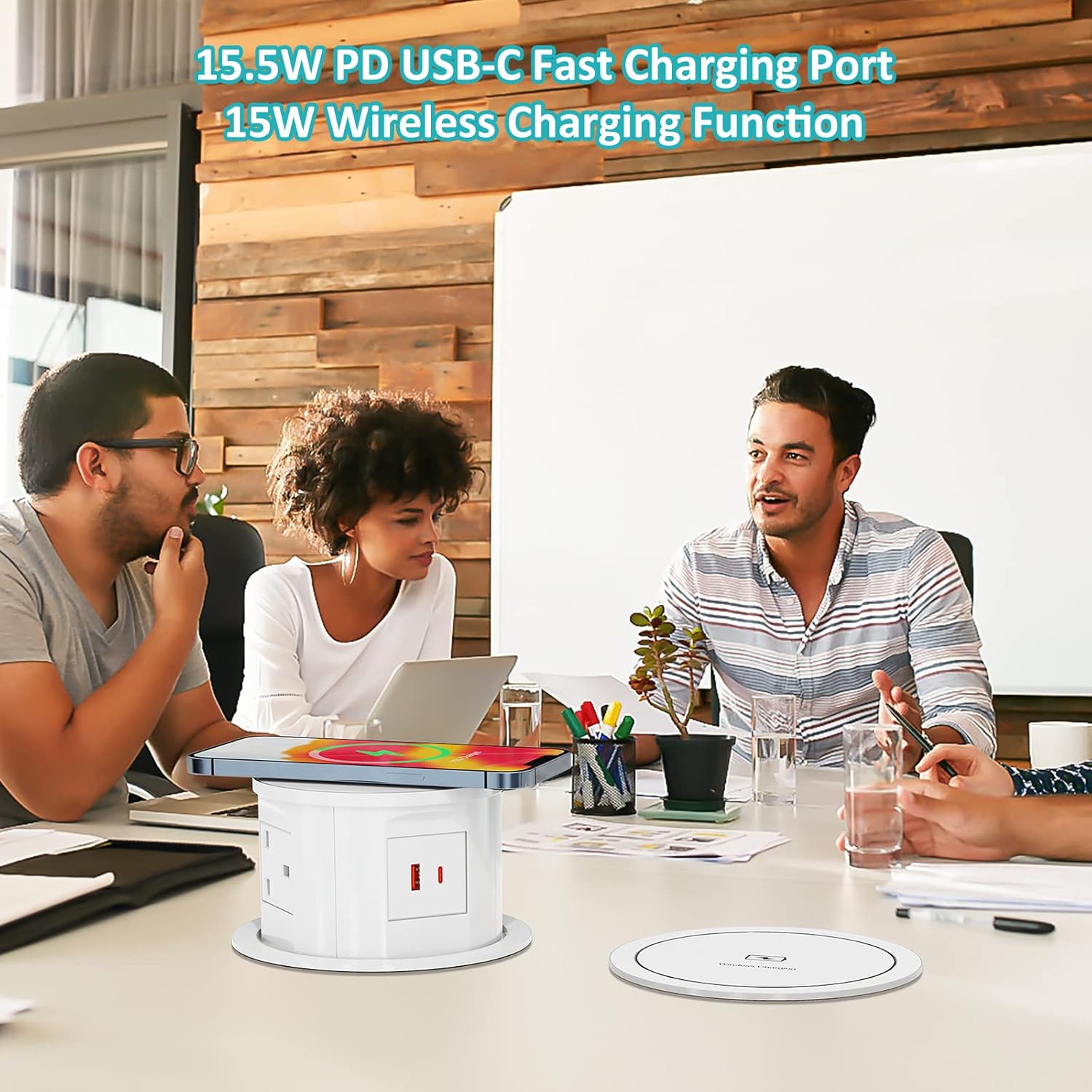 Pop Up Sockets for Kitchen Worktops with Wireless Charging, Pop Up Plug Socket with USB C, Recessed Desk Power Outlet 4 UK Plug, 2 USB, Worktops Socket for Office and Home, White
