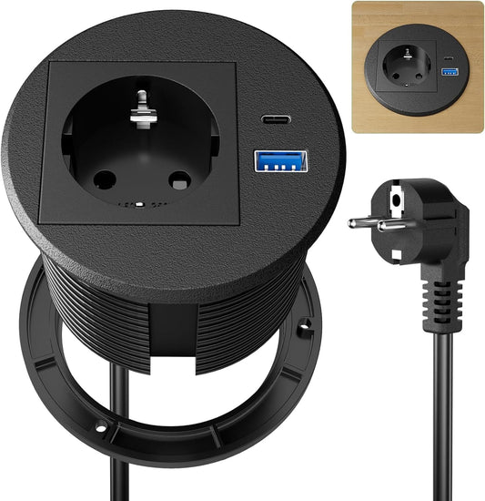 Einbausteckdose mit USB C PD20W, Versenkbare Steckdose mit USB, Einbau Steckdosenleiste für Schreibtisch Arbeitsplatte, 2M Kabel, Schwarz