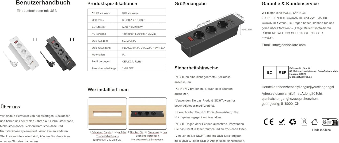 Built-in Socket with USB C PD20W, Table Socket, Multiple Socket, 3 Compartments with 3 USB, Built-in Power Strip with Switch, Recessed Socket for Worktop Furniture, 2 m Cable, White