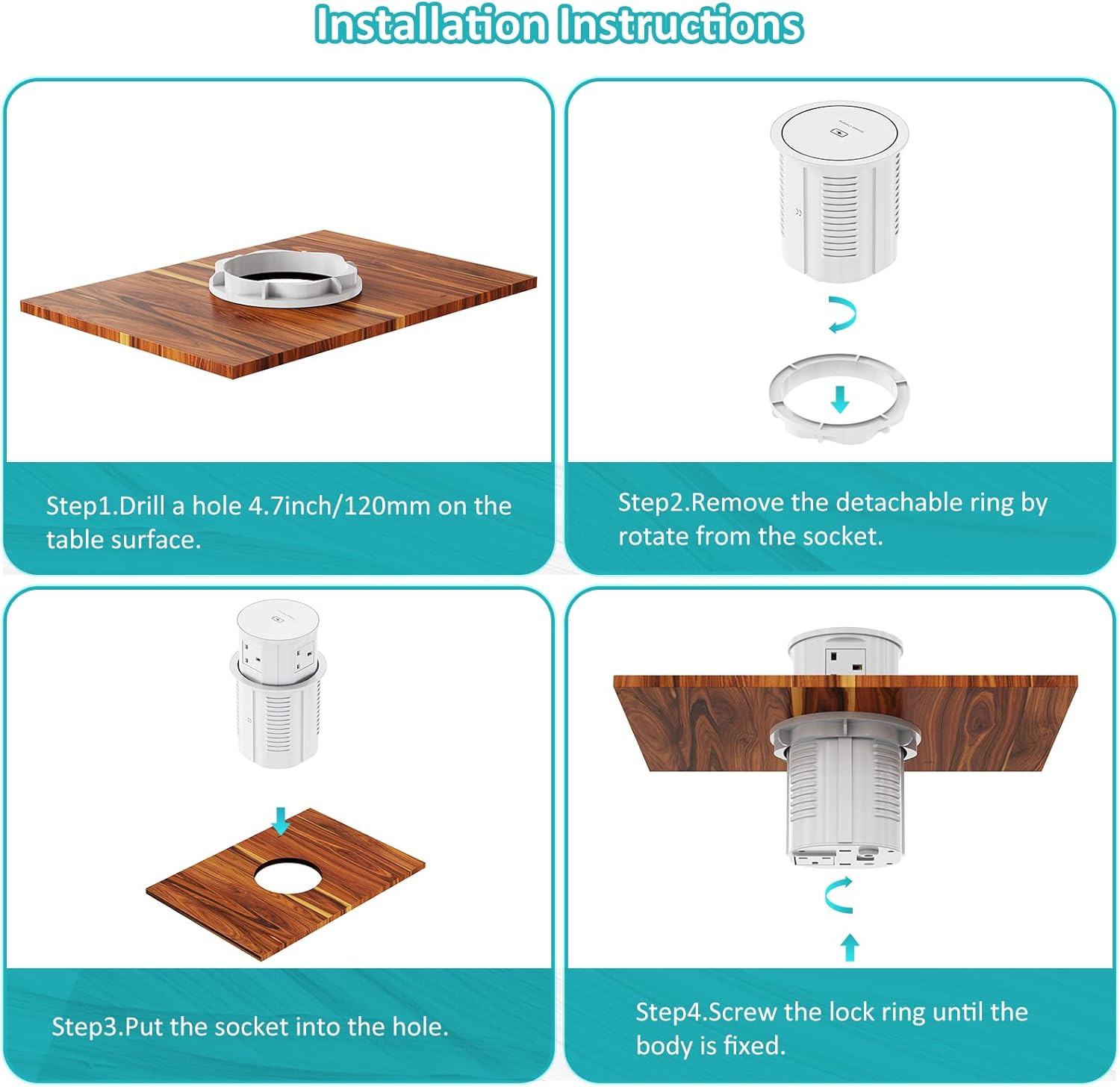 Pop Up Sockets for Kitchen Worktops with Wireless Charging, Pop Up Plug Socket with USB C, Recessed Desk Power Outlet 4 UK Plug, 2 USB, Worktops Socket for Office and Home, White