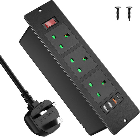 Desk Power Socket with USB C PD20W, Recessed Power Strip 3 Outlets and 3 USB, Desk Power Extension Lead with Switch for Furniture Kitchen Worktops, 2M Cable, Black, HANNELORE