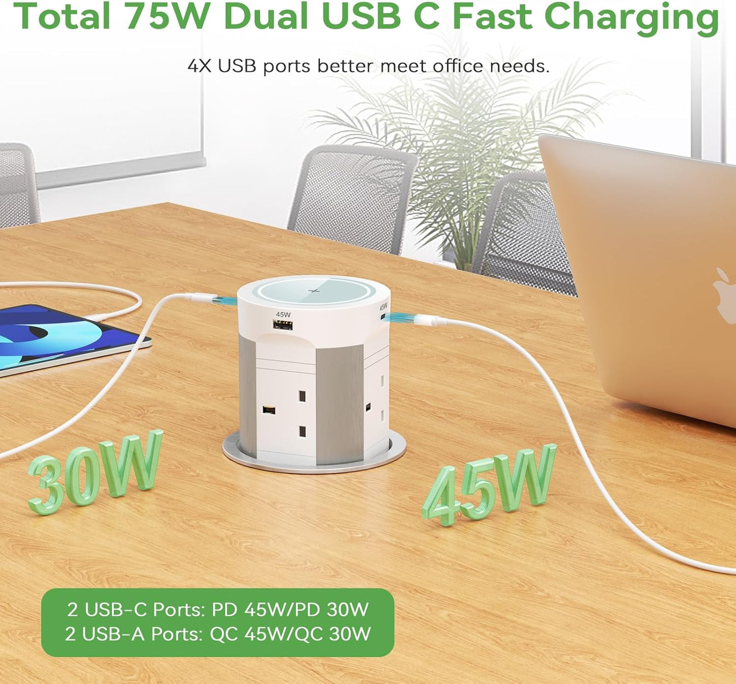 Pop Up Sockets 4 Outlets with PD 75W 2 USB-C and 15W Wireless Charging, Recessed Pop Up Power Socket for Kitchen Worktops, Pop Up Sockets with 4 USB for Conference Room, White