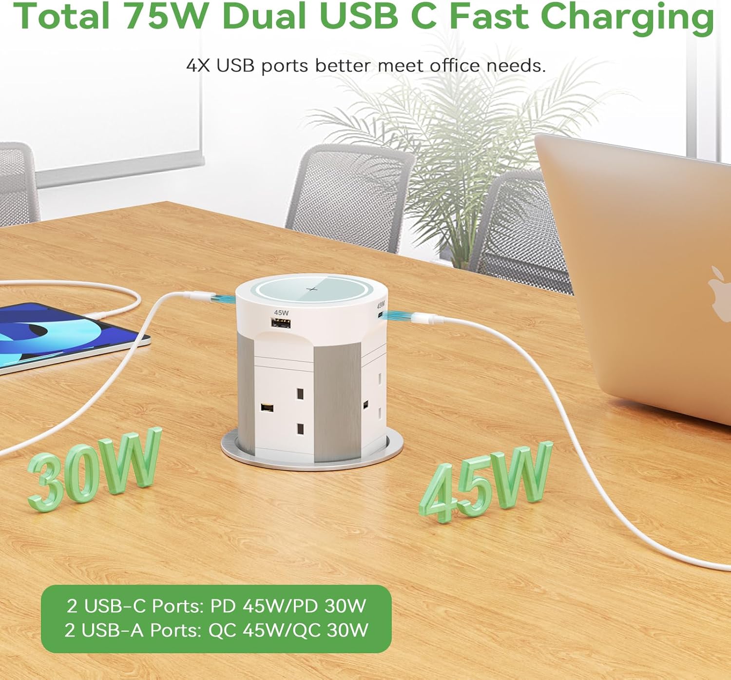 Pop Up Sockets 4 Outlets with PD 75W 2 USB-C and 15W Wireless Charging, Recessed Pop Up Power Socket for Kitchen Worktops, Pop Up Sockets with 4 USB for Conference Room, White