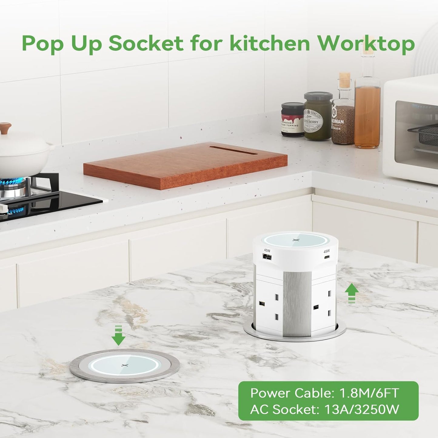 Pop Up Sockets 4 Outlets with PD 75W 2 USB-C and 15W Wireless Charging, Recessed Pop Up Power Socket for Kitchen Worktops, Pop Up Sockets with 4 USB for Conference Room, White