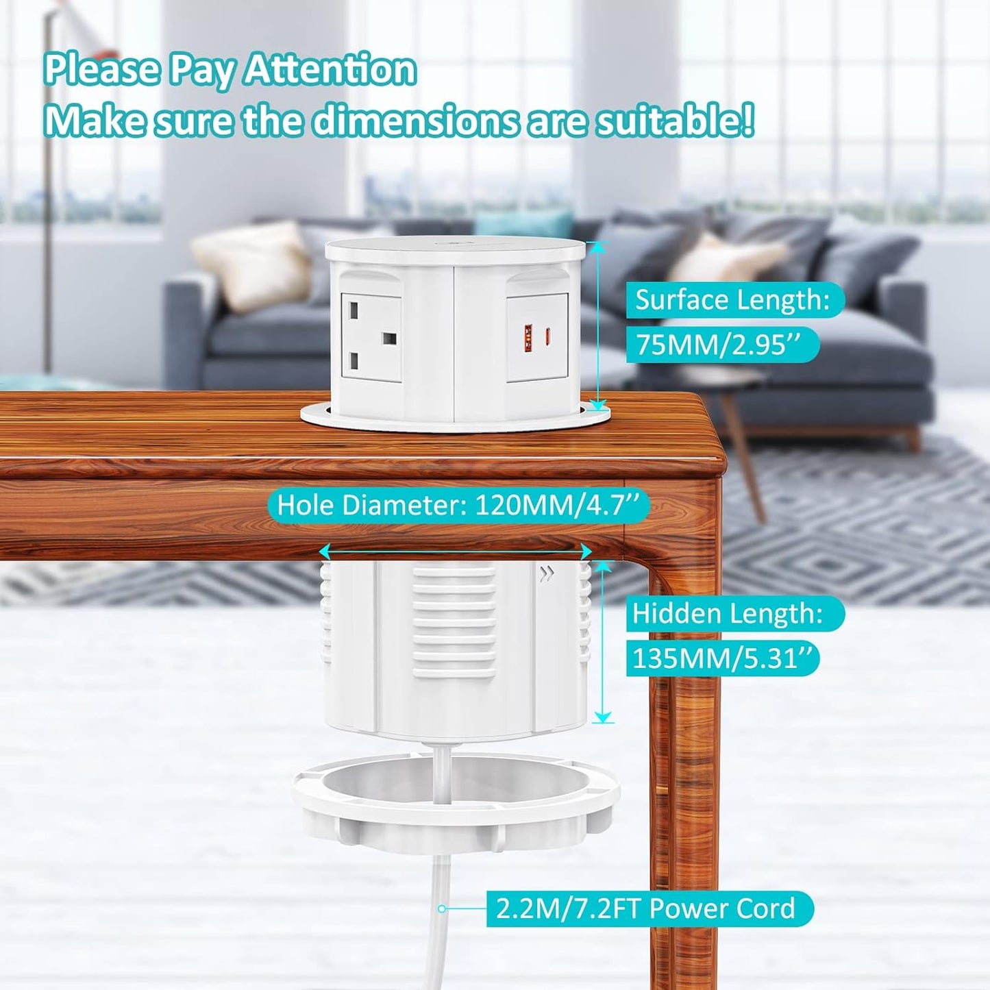 Pop Up Sockets for Kitchen Worktops with Wireless Charging, Pop Up Plug Socket with USB C, Recessed Desk Power Outlet 4 UK Plug, 2 USB, Worktops Socket for Office and Home, White
