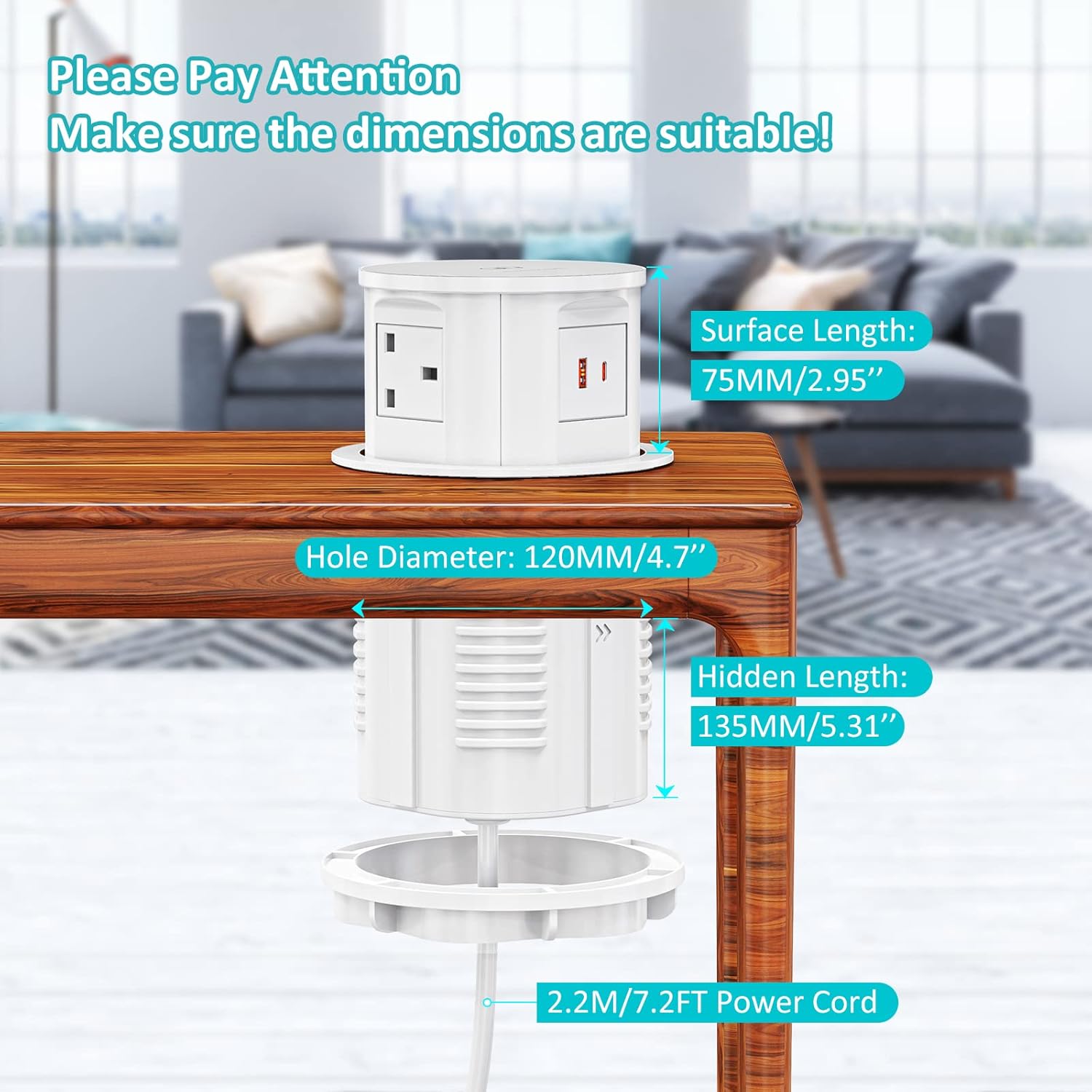 Pop Up Sockets for Kitchen Worktops with Wireless Charging, Pop Up Plug Socket with USB C, Recessed Desk Power Outlet 4 UK Plug, 2 USB, Worktops Socket for Office and Home, White