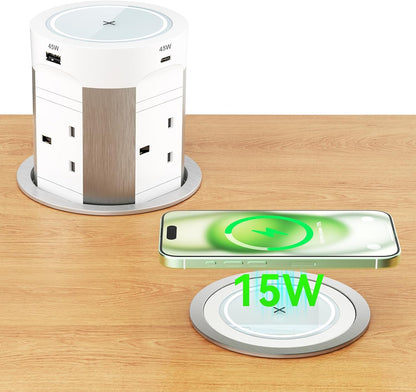 Pop Up Sockets 4 Outlets with PD 75W 2 USB-C and 15W Wireless Charging, Recessed Pop Up Power Socket for Kitchen Worktops, Pop Up Sockets with 4 USB for Conference Room, White